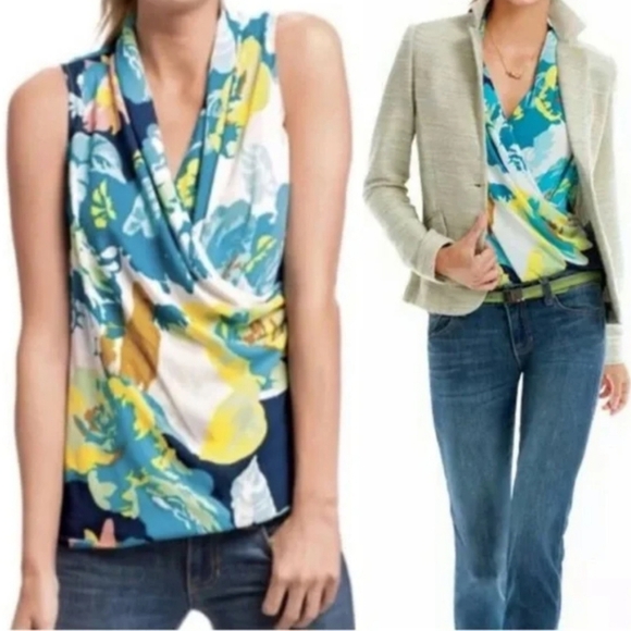 CAbi Tops - Cabi Wrap Top Blue Yellow Teal White Floral V Neck Draped  sleeveless size XS